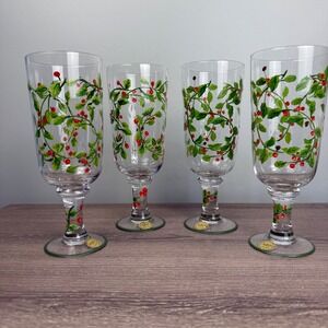 Block Crystal Holly Berry Hand Painted Iced Tea Glasses Set of 4 Footed Goblets